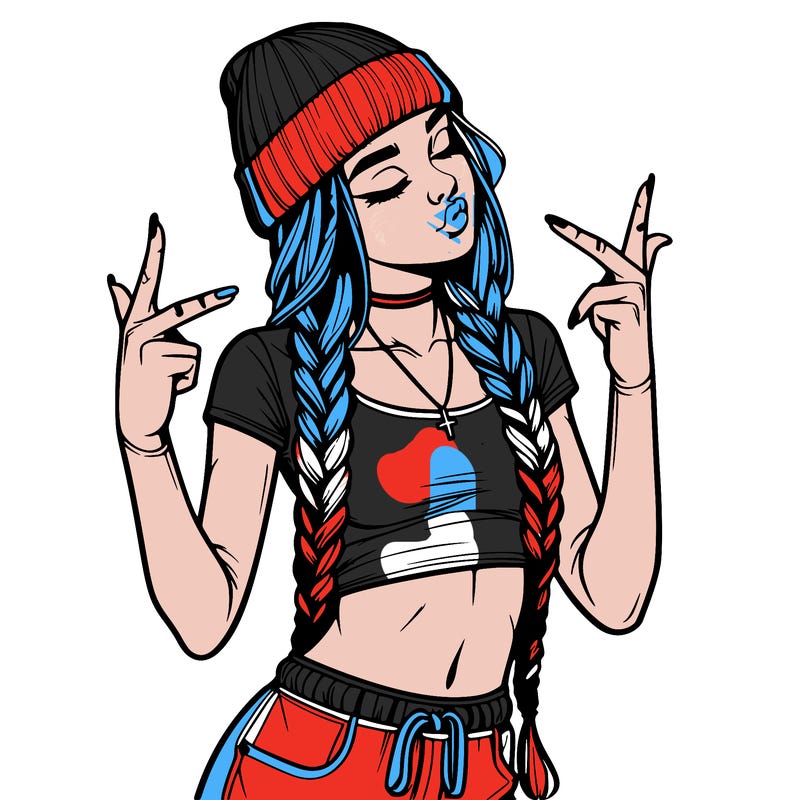 realistic teenage girl with braids and a beanie and crop top doing 🫶🏼