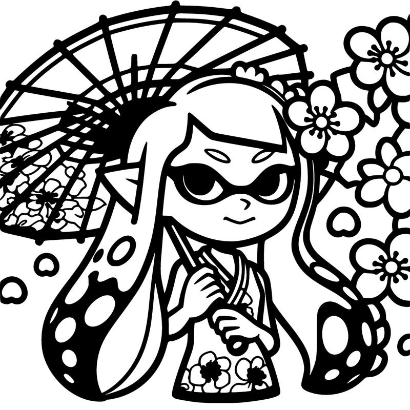 splatoon stylized octoling with sakura's in her hair, holding an parasol