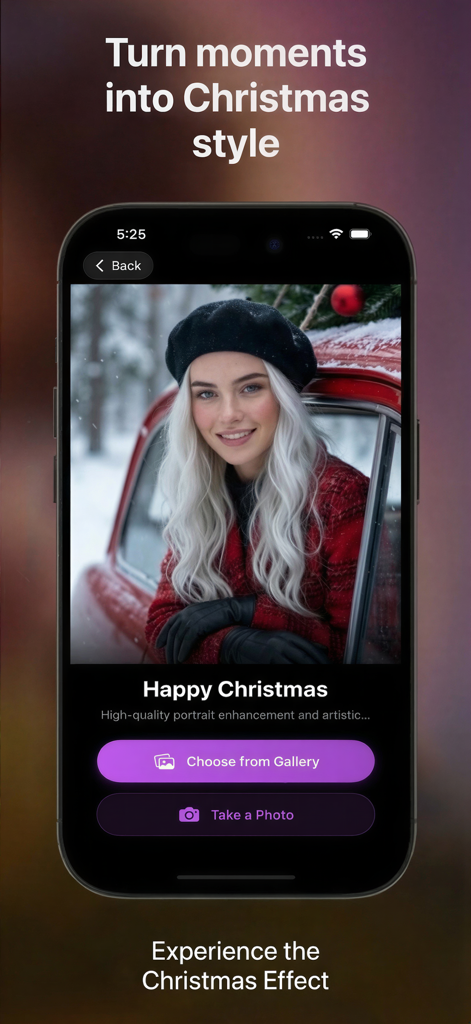 Toon App mobile interface showing a Christmas photo effect on a portrait of a woman in a snowy setting.