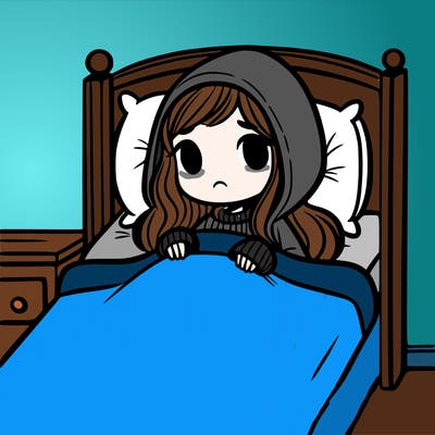 a 12 year old girl in her bed all sick with long hair and a hoodie on