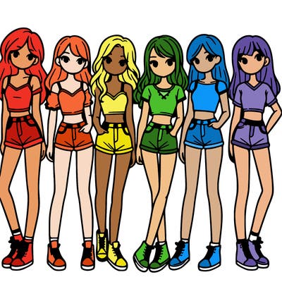 a group of girls wearing crop tops and shorts