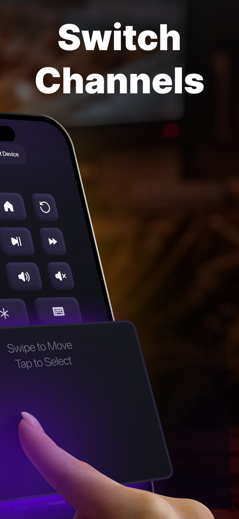 iPhone screen showing a digital trackpad interface with text swipe to move tap to select for switching TV channels