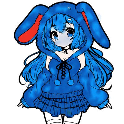 pretty anime girl wearing a fluffy hoodie with bunny ears on the hood and a skirt