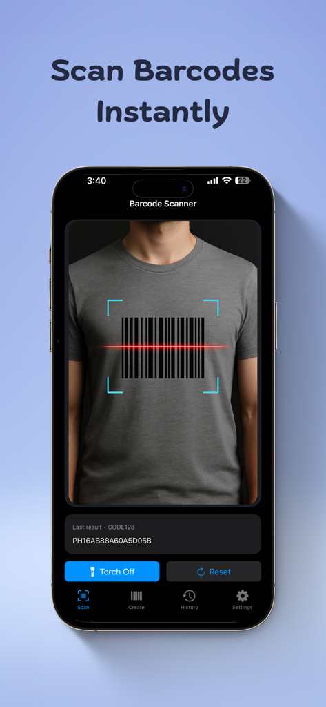 Barcode Scanner+ Generator Pro - Interfaz de la aplicación Barcode Scanner Pro escaneando un código de barras en una camiseta