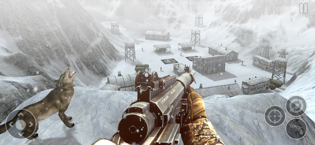 Snow Army Sniper Shooting War - Visão em primeira pessoa de um sniper observando uma base militar em uma paisagem montanhosa nevada