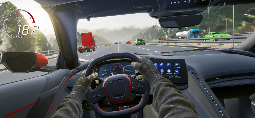 Car Driving Simulator Car Game - Vista do cockpit em primeira pessoa de um carro esportivo correndo em alta velocidade em uma estrada