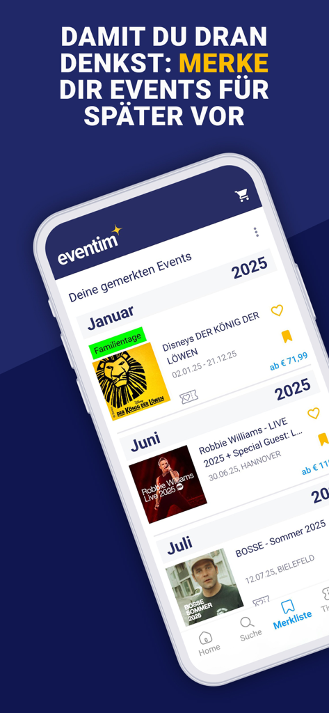 EVENTIM DE: Tickets for Events - 今後の計画のために保存されたコンサートやミュージカルが表示された、EVENTIM DEアプリのウォッチリスト画面