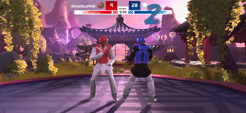 Taekwondo Grand Prix - Dois lutadores competindo em uma partida de Taekwondo em uma arena tradicional coreana.