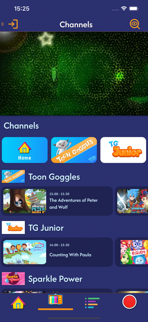 Toon Goggles Cartoons for Kids - Interfaz de la aplicación Toon Goggles mostrando canales de dibujos animados en vivo para niños y una guía de programación de televisión.