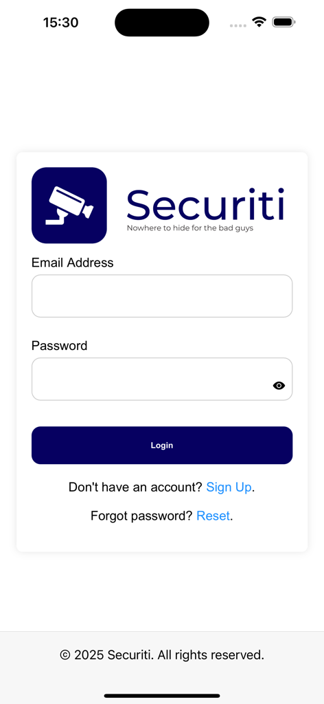 Securiti - Tela de login do aplicativo Securiti mostrando campos de entrada de e-mail e senha