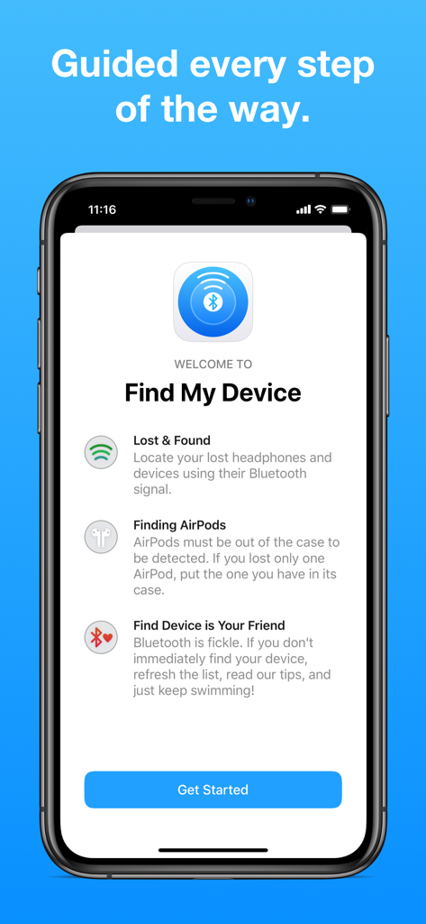 Tela de boas-vindas e integração do aplicativo Find My Bluetooth Device no iPhone