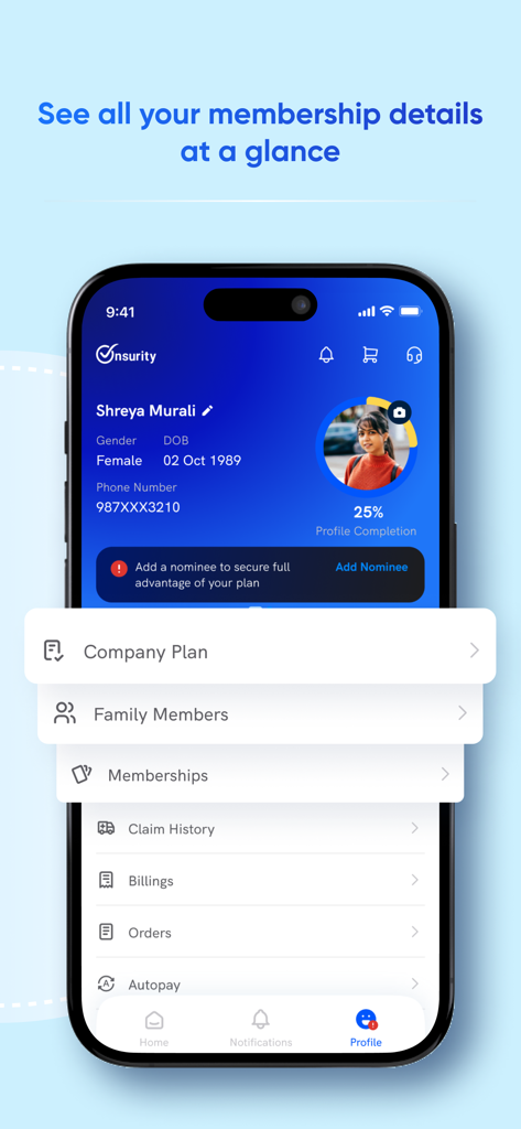 Onsurity - Employee Healthcare - Onsurityアプリのユーザープロフィール画面。会員情報とヘルスケアプランのオプションが表示されています。