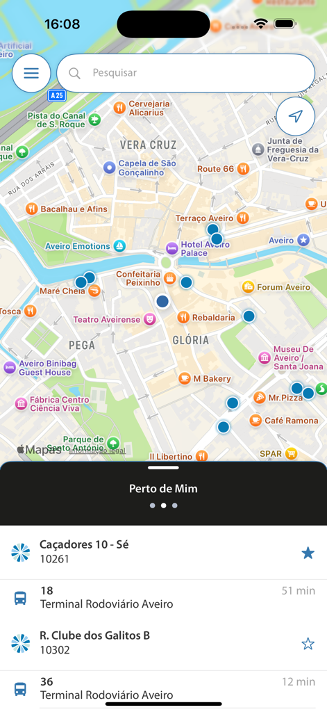 BusWay - Interface de l'application BusWay montrant une carte avec les arrêts de bus à proximité et les heures d'arrivée en temps réel