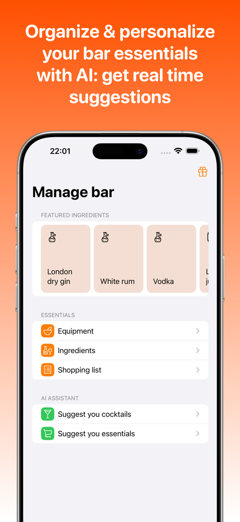 Cocktail Zone - Manage bar screen in Cocktail Zone app with ingredient inventory and AI assistant suggestions