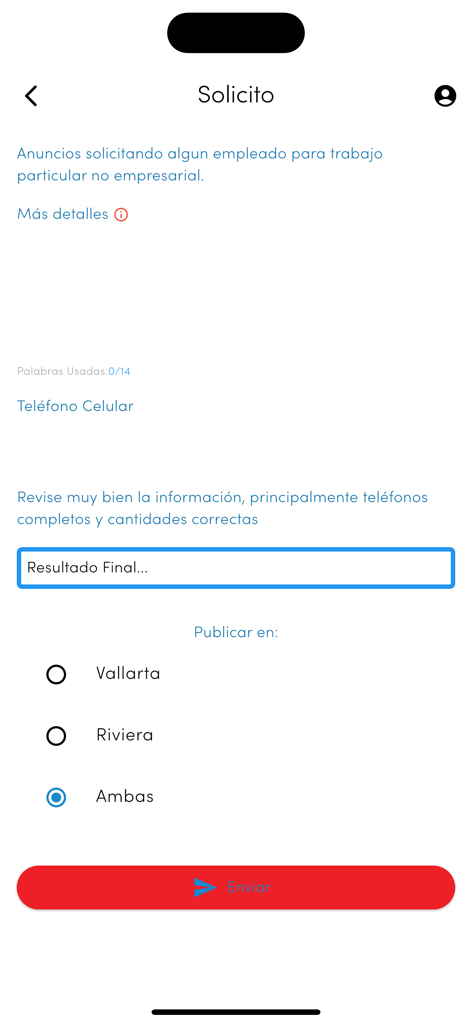 Mano a Mano Revista - A mobile app screen for posting a private service or employee request classified ad for Puerto Vallarta and Riviera Nayarit.
