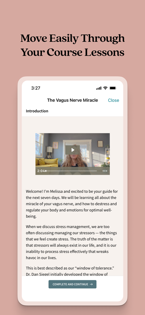 DailyOM Mindful Living Classes - A mobile screen showing a video and text lesson for the Vagus Nerve Miracle course on the DailyOM app