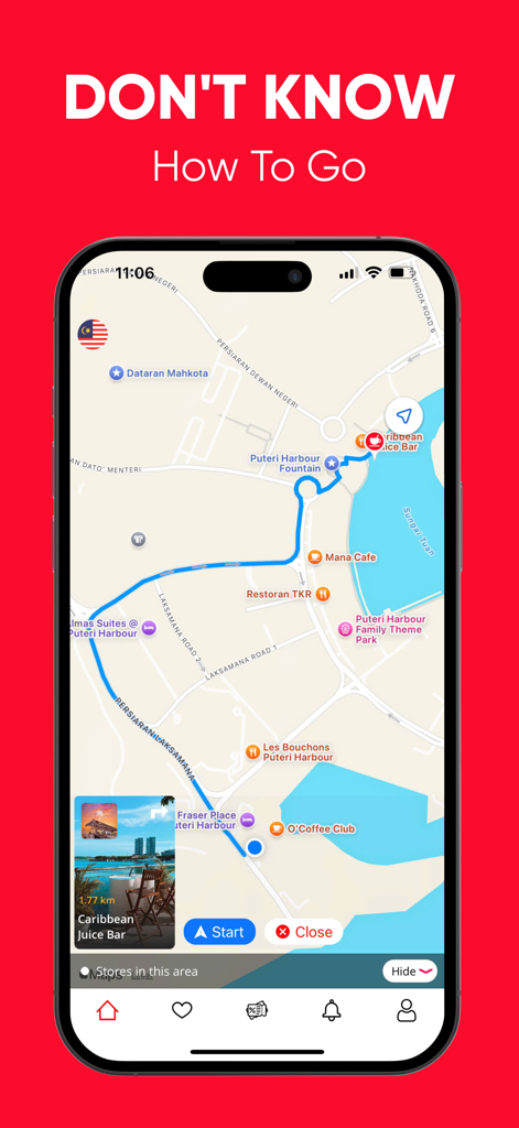 Pingo - Mobile app screen showing a map with a blue navigation route to a restaurant called Caribbean Juice Bar.