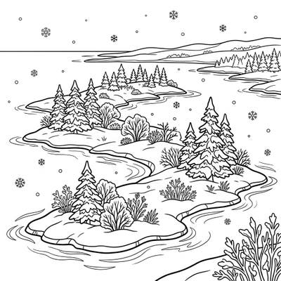 Dive into the serene beauty of winter with this captivating coloring page featuring barrier islands blanketed in snow. Enjoy bringing a crisp, cool aesthetic to life with your favorite colors.