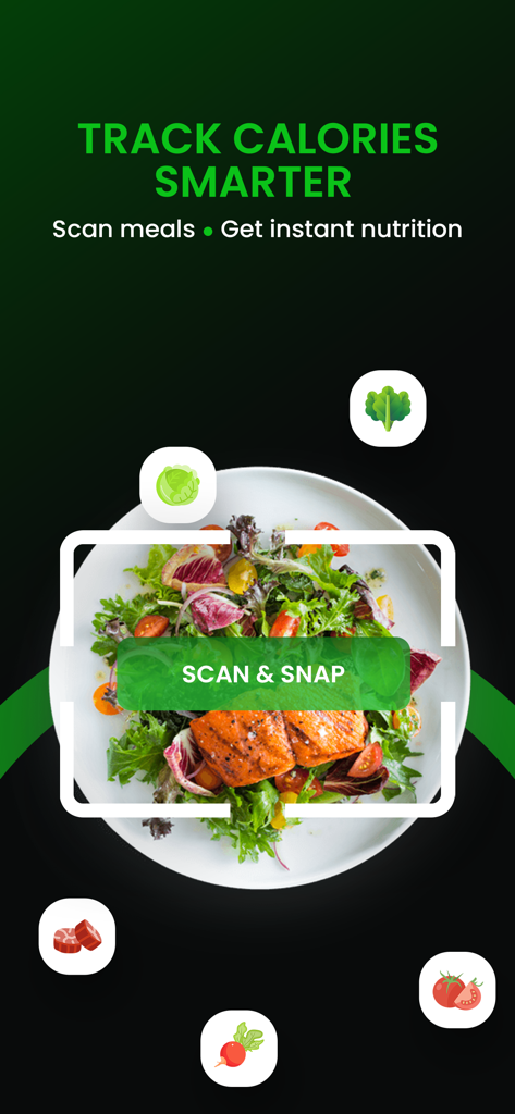 CalorieAI – Nutrition Tracker - Una interfaz de smartphone de la aplicación CalorieAI que muestra una ensalada de salmón siendo escaneada para obtener información nutricional y calórica instantánea con el botón Escanear y Capturar