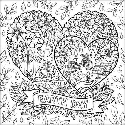 Embrace the spirit of Earth Day with this enchanting coloring page, a beautiful blend of floral hearts and essential environmental themes. Discover a thoughtful design celebrating sustainability, nature, and the joy of protecting our planet.