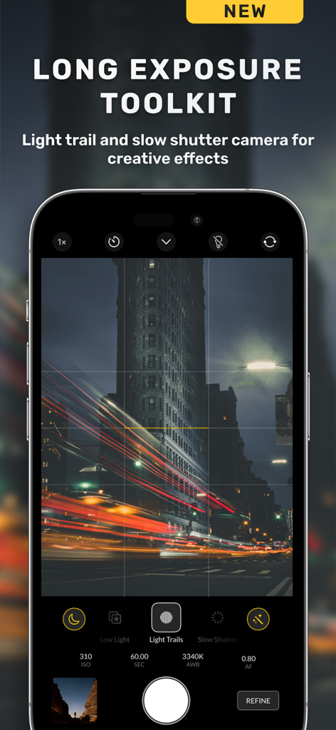 Nightcam app interface showcasing the long exposure toolkit with city light trails