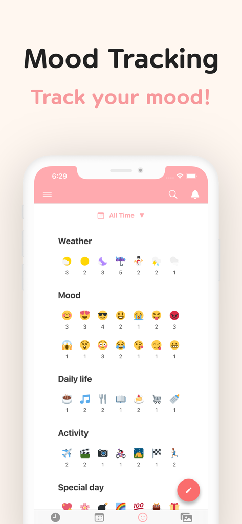 DailyLife - Diary, Journal - DailyLife app mood tracking dashboard displaying mood and activity statistics with emojis