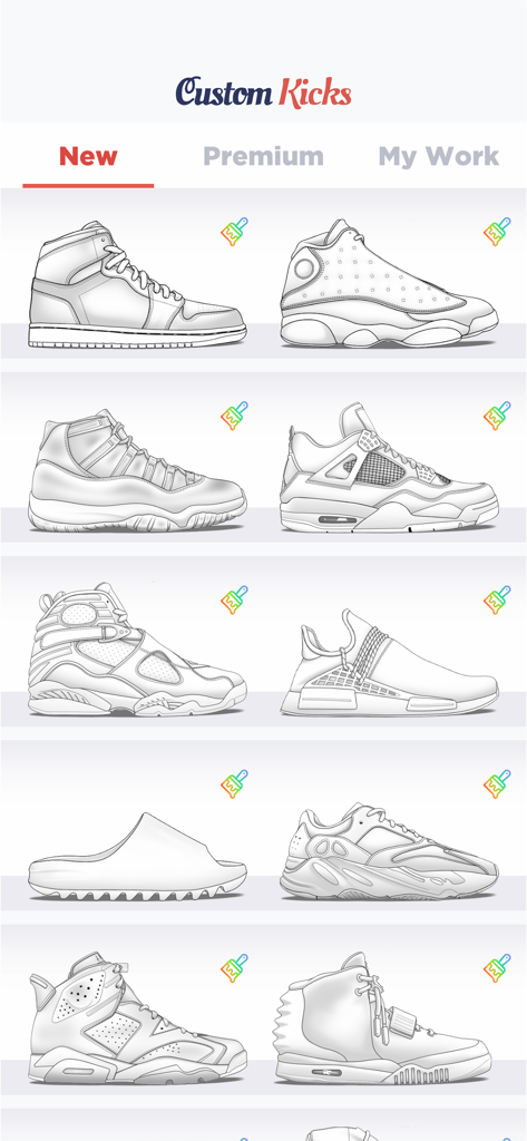 Custom Kicks - A menu of white sneaker templates ready for digital customization in the Custom Kicks app