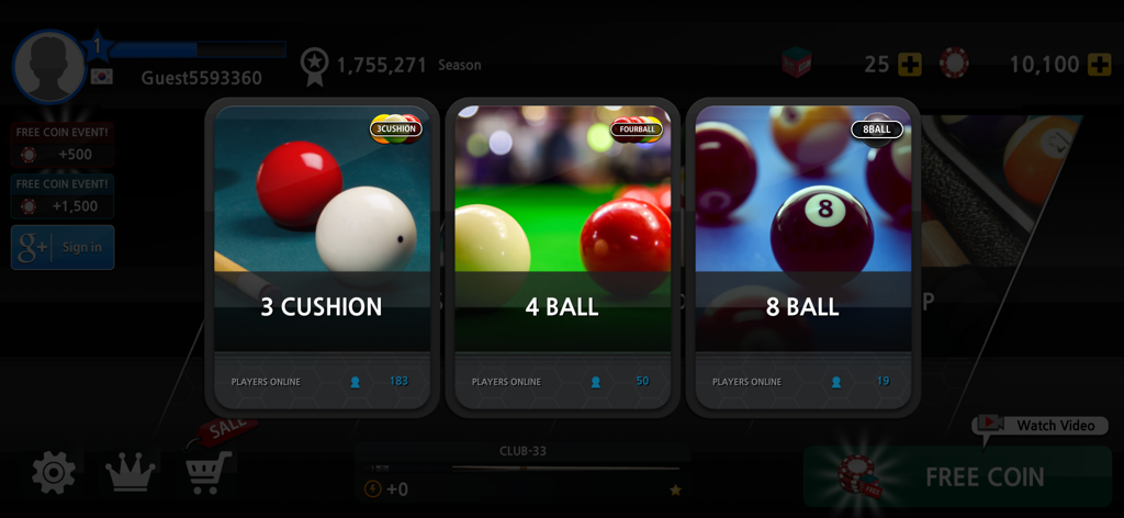 ビリヤード世界選手権モバイルアプリの3クッション、4ボール、8ボールのゲームモードの選択メニュー。