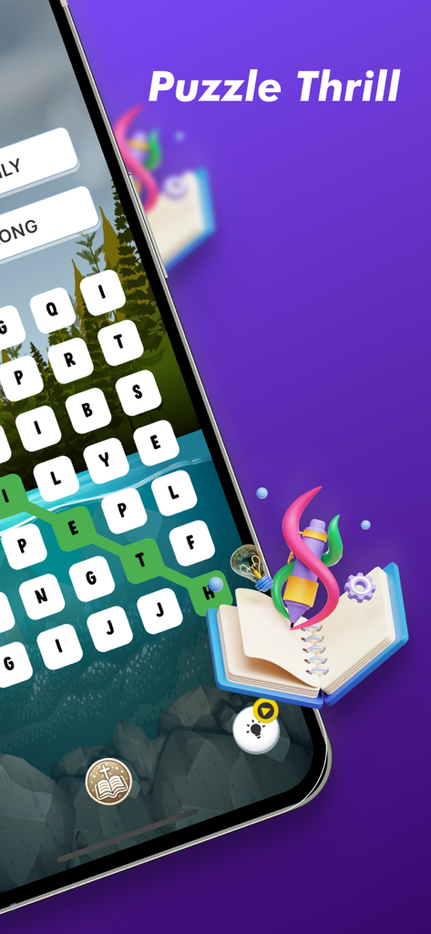 Bible Word Search Puzzle - Bible word search puzzle game interface featuring a word grid over a nature landscape