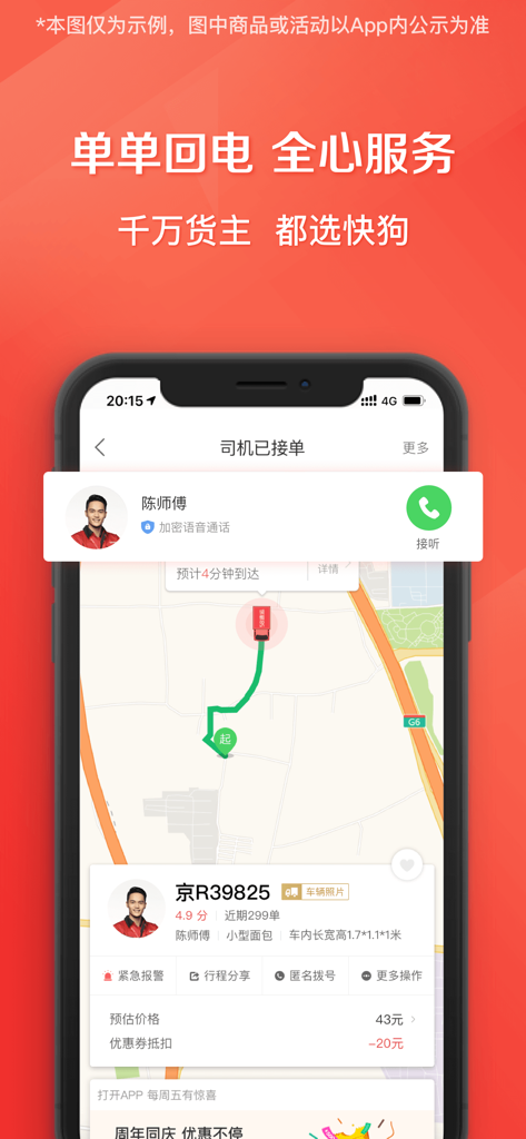 Mobile app interface for Kuaigou Dache showing a driver profile and real-time delivery tracking map.