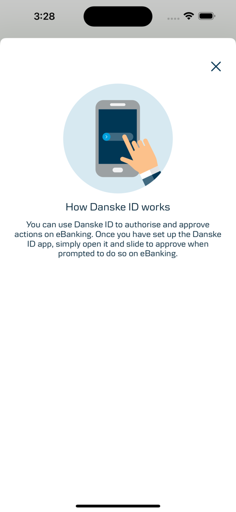 Danske ID - Danske Bank - Instructional screen for Danske ID explaining how to authorize banking actions by sliding on a smartphone