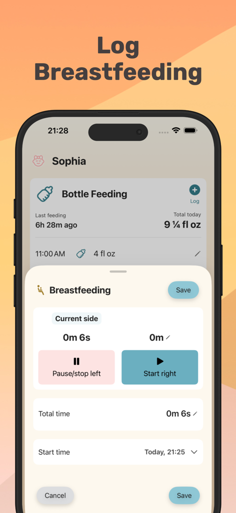 Baby Feeding Tracker NooraBaby - Noora Babyアプリのインターフェース。授乳と哺乳瓶での授乳セッションを追跡するためのものです。