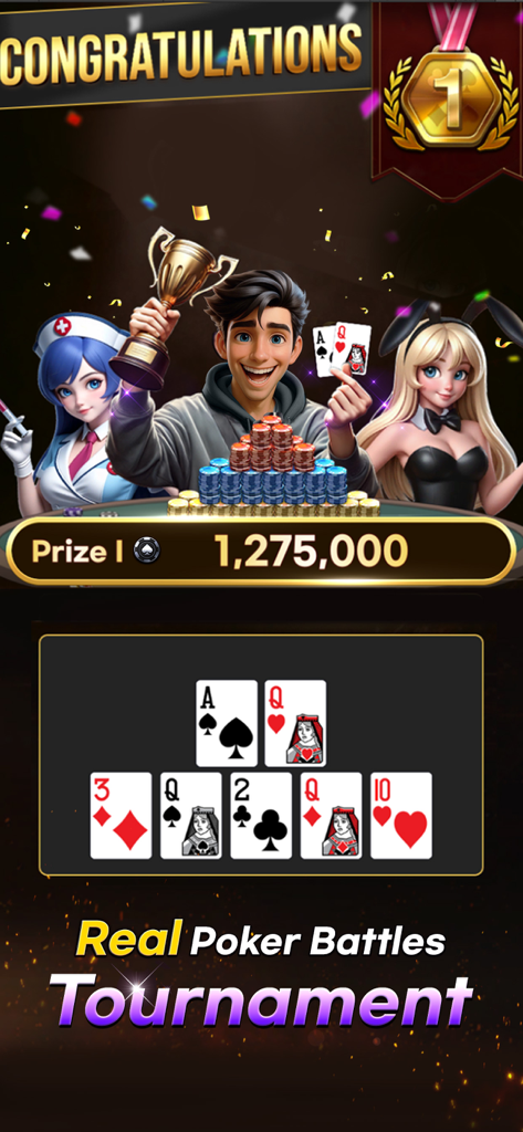 AA Global:Texas Holdem,Omaha - A celebratory screen showing a poker tournament winner with a trophy and a large chip prize