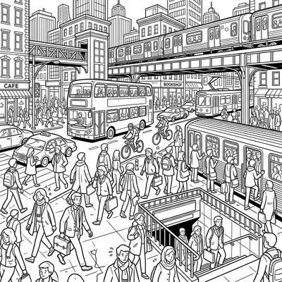 Capture the vibrant energy of a metropolitan rush hour with this intricate coloring page. Dive into a detailed urban landscape filled with commuters, diverse public transportation, and towering city buildings, ready for your creative touch.