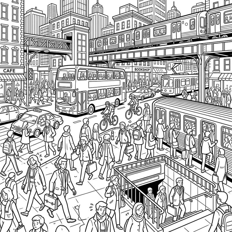 Capture the vibrant energy of a metropolitan rush hour with this intricate coloring page. Dive into a detailed urban landscape filled with commuters, diverse public transportation, and towering city buildings, ready for your creative touch.
