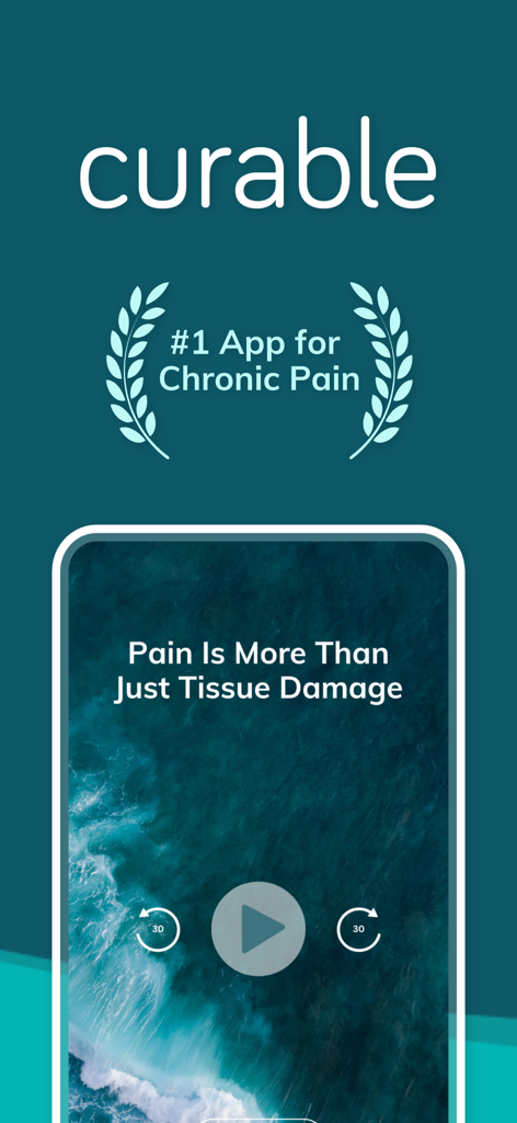Curable: Chronic Pain Relief - Curable app screen showing a lesson titled Pain Is More Than Just Tissue Damage with a play button and laurel wreath icon