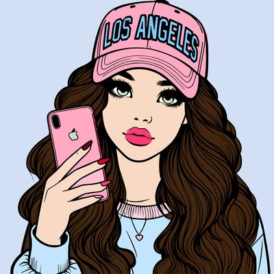 realistic beautiful girl wearing los ángeles cap holding an iphone