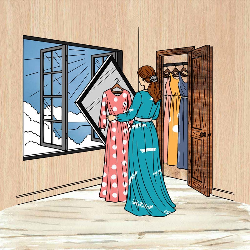 a realistic woman choosing a modest dress in front of a mirror to go to church. mirror shape of a diamond right in front of her closet door open windows in her room with a beautiful sunlight outside
