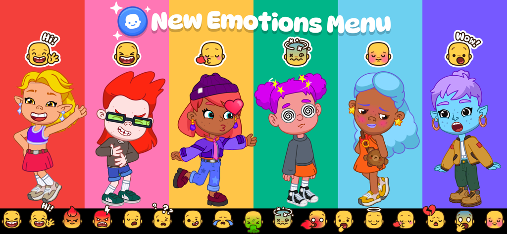 Cartoon-Avatare, die verschiedene Gesichtsausdrücke und Emotionen im Pepi City Emotionsmenü zeigen
