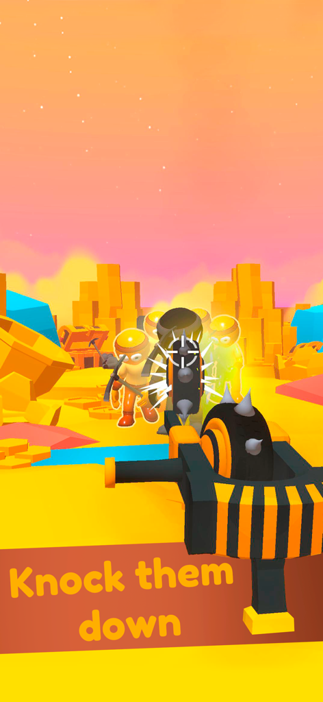 A first person view of a spiky wheel weapon aiming at enemies in Crazy Gun Inventor