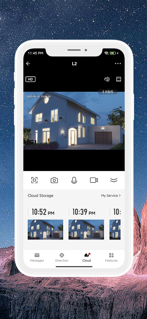 LaView - LaView mobile app interface showing a live night view of a suburban home with cloud storage recordings.