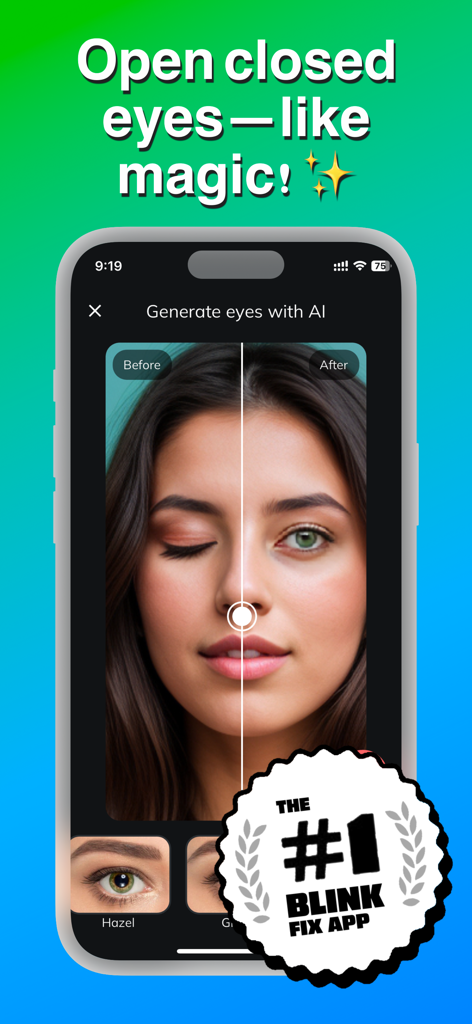 Open Eyes: AI Face Editor - Before and after comparison showing AI opening a closed eye in a photo