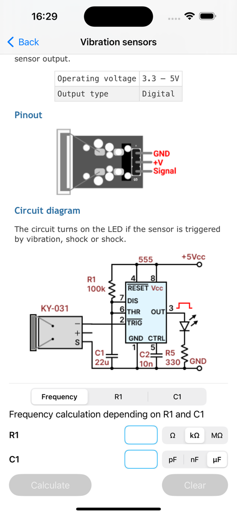 IC 555 Timer Pro app screen showing a vibration sensor circuit diagram and frequency calculator
