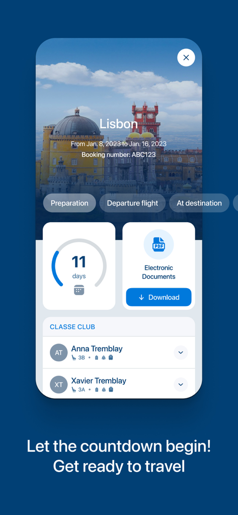 L'interface de l'application Air Transat affiche le compte à rebours du voyage et les documents de voyage électroniques pour des vacances à Lisbonne.