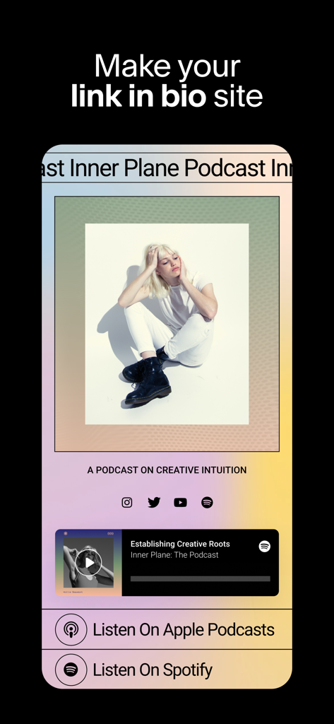 Eine stilvolle Link-in-Bio-Seite, erstellt mit Unfold, mit Podcast-Links und einem sauberen redaktionellen Design.