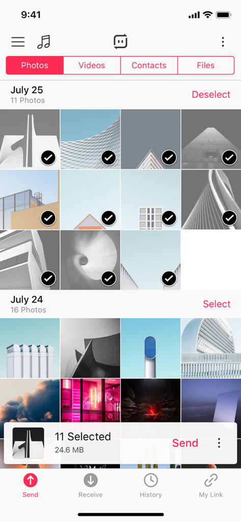Mobile app interface of Send Anywhere showing a photo gallery with multiple images selected for file transfer