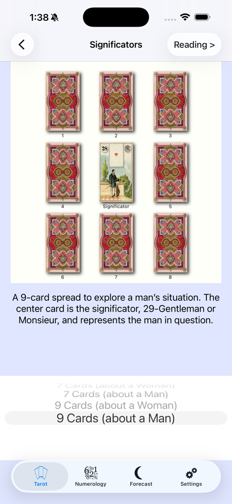 Tarot & Numerology - Una tirada de 9 cartas en la aplicación Tarot y Numerología que presenta una carta significadora central para explorar la situación de un hombre
