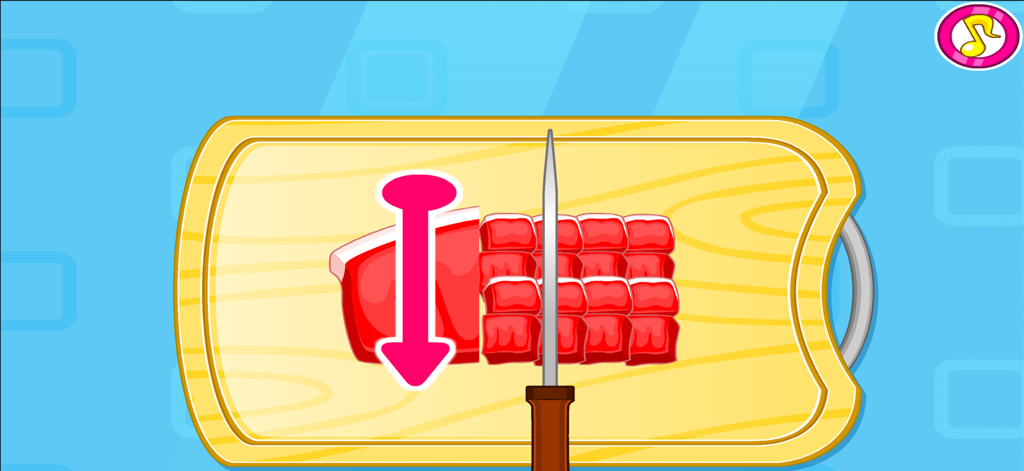 Cooking Games Baking Lasagna - Cutting meat into small cubes on a wooden board in a cooking game