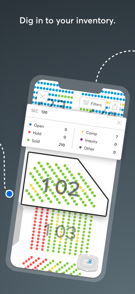 TM1 Reports - リアルタイムのチケット在庫とステータスを表示するTM1 Reportsアプリのインタラクティブな座席表