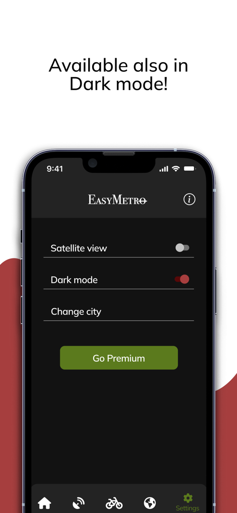 EasyMetro Italy - EasyMetro Italy app settings screen showcasing the dark mode interface on a mobile device